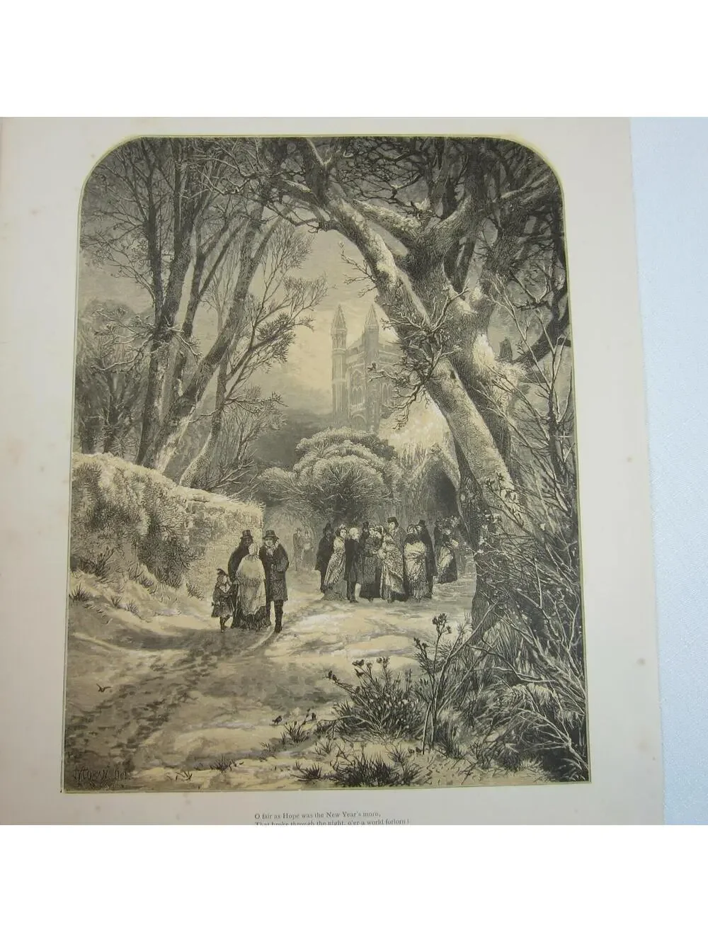 Antique 1870s Wood Engraving Print Cathedral Churchgoers New Years Thomas Moran